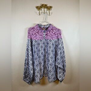 STYLEWE Pink Lace Shoulder & Blue & White Patterned Long Sleeve Blouse. Size 2X